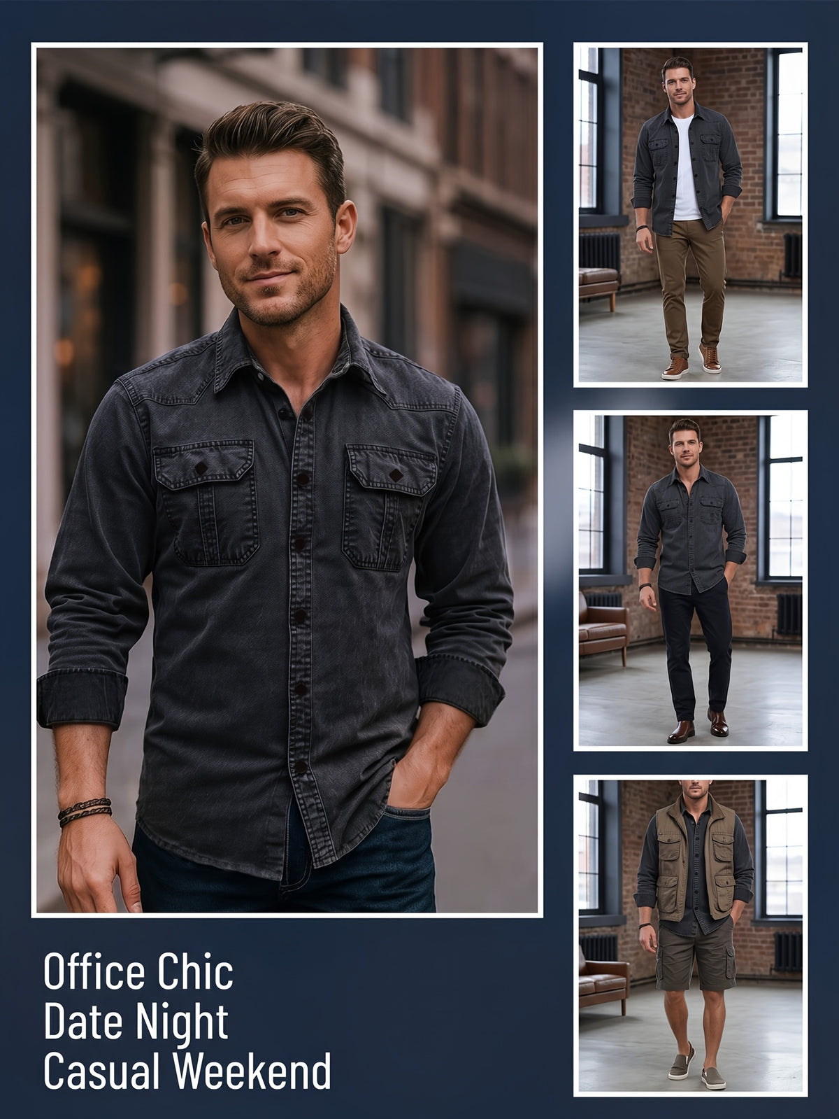 Men's New Spring/Autumn Black Denim Shirt, American Vintage Washed & Distressed Craft, Workwear Style Lapel Long Sleeve Shirt, 3D Double Pockets with Quadrilateral Buttons, Casual Versatile Slim Fit, Suitable for Daily Commute & Streetwear - Black