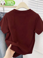 100% Women's T-Shirt, Summer Short Sleeve Thin Top, Trendy and Fashionable Standard Fit, Comfortable and Breathable, Loose and, Simple and Fresh with Plant and Floral Pattern - Burgundy