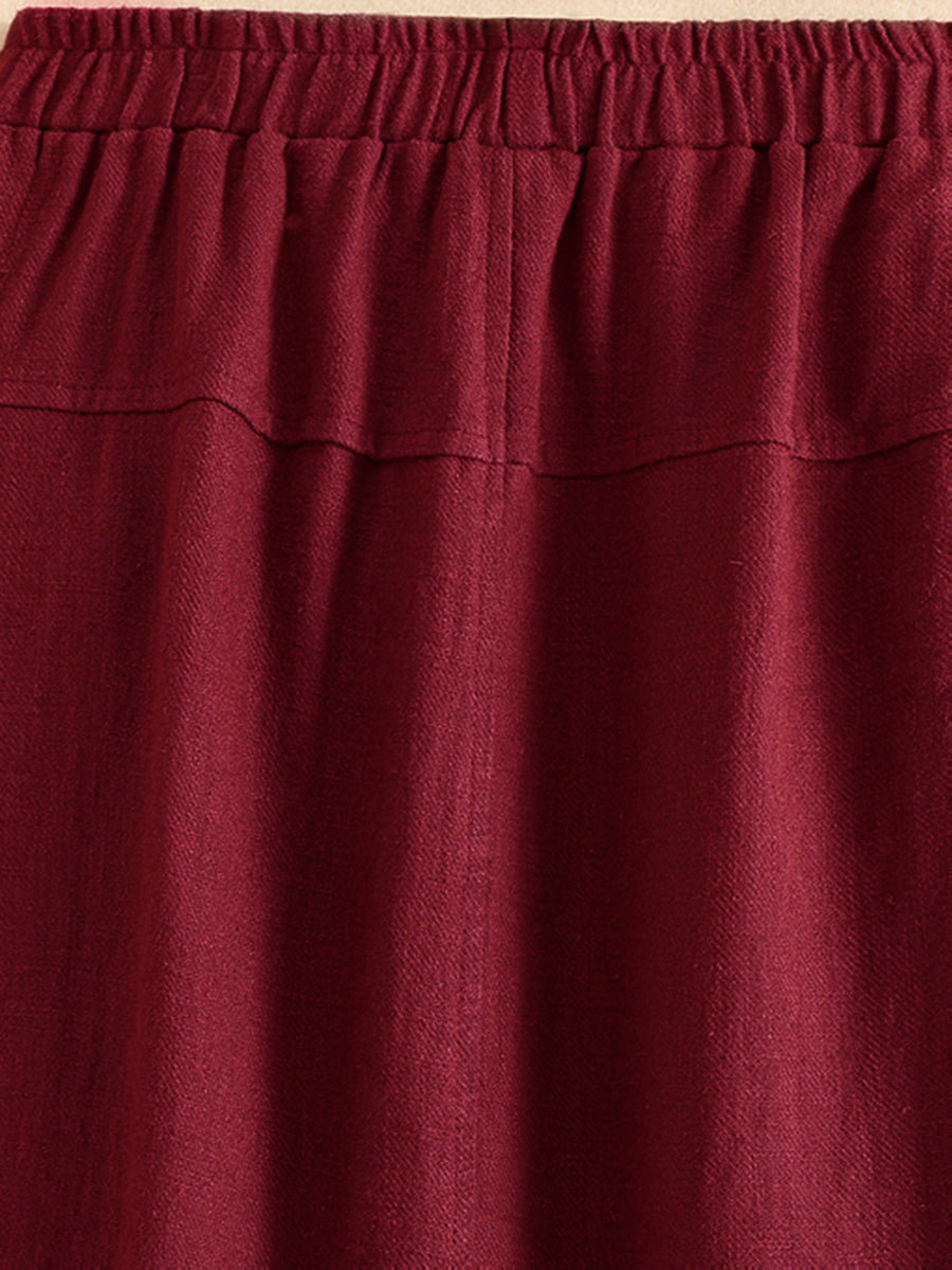 New Spring Summer Autumn Thin Korean Style Linen Loose Half Skirt with Pockets, Elastic Waist Linen Dress, Mid-Length Lantern Hem Women'S Skirt - Burgundy