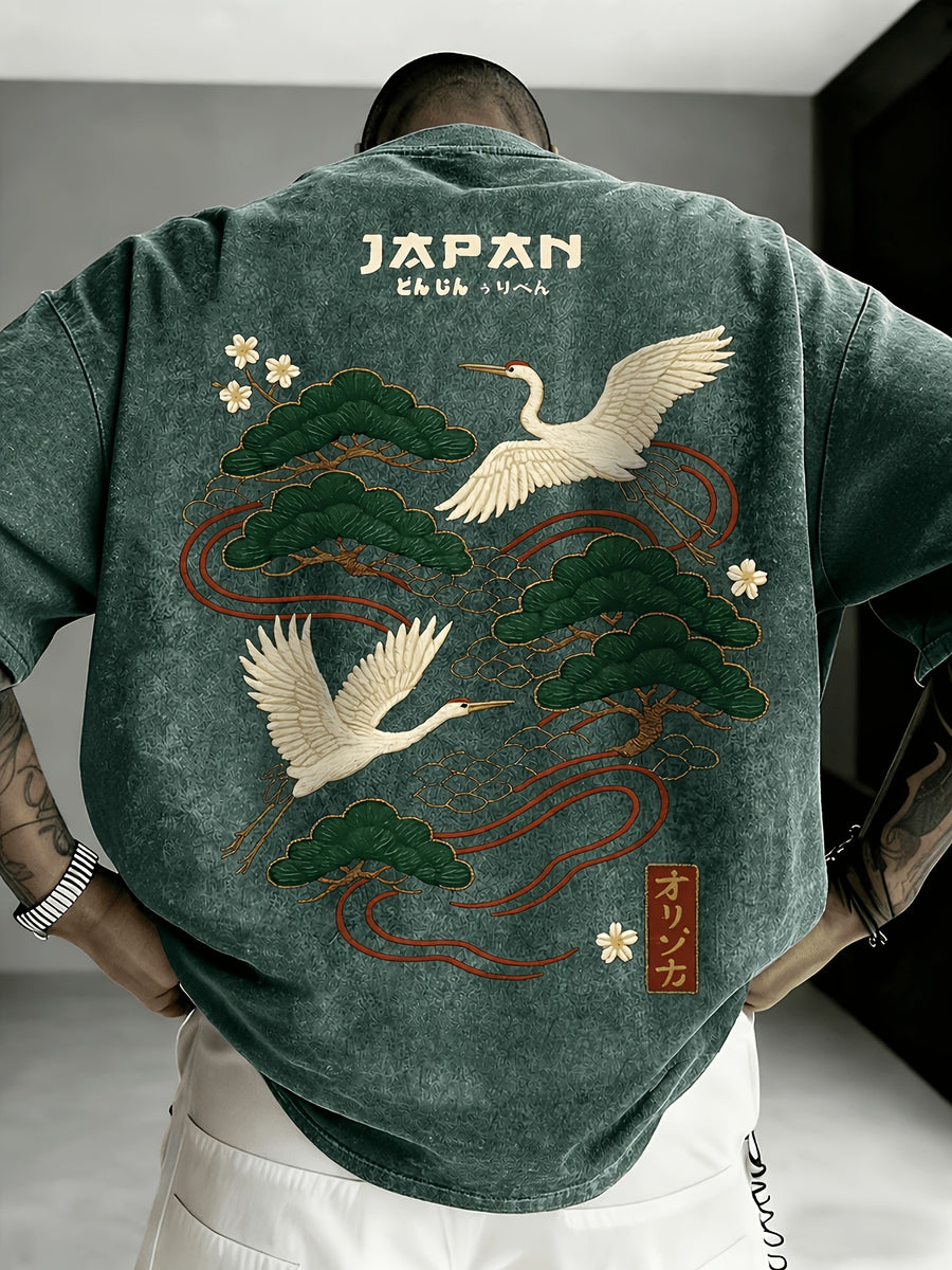 Printed Design - Not Textured: Tang Yunshu American Sporty Style Trendy Men's Japanese National Chic Printed Short Sleeve Shirt, Distressed Washed Finish + Exquisite Crane and Pine Tree Pattern, Crisp Wrinkle-Resistant and Wear-Resistant Fabric - Olive Green Color