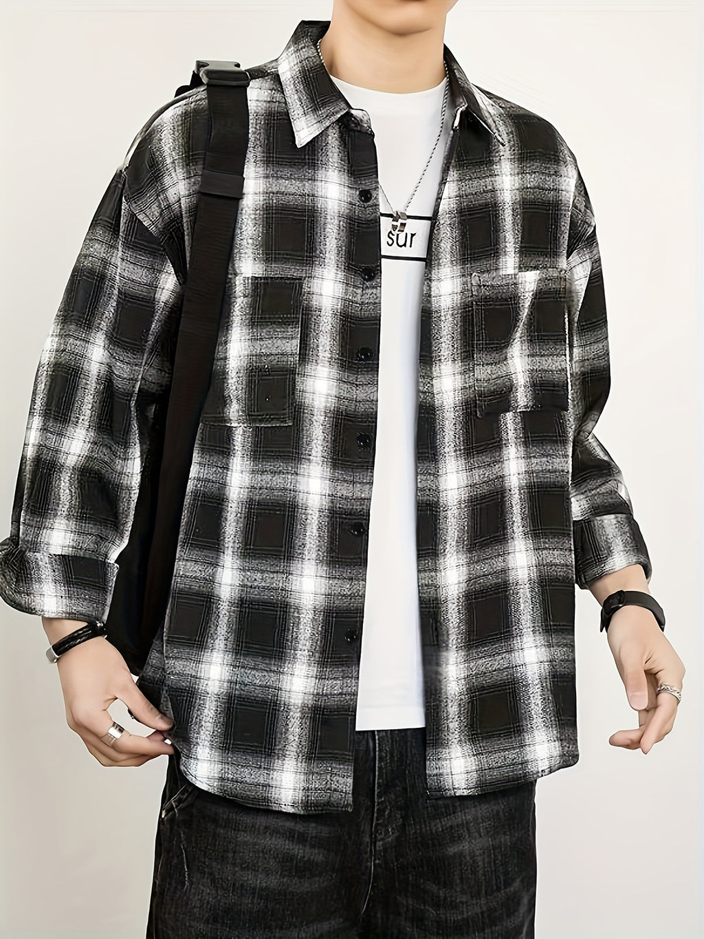 Men'S Casual Plaid Long Sleeve Shirt, Lapel Button-Up Shirt, Double Pocket Design, Classic Checkered Pattern, Twill Fabric, Comfortable And Breathable, Suitable for Spring And Autumn, Casual Outing, Men'S Dress Shirt, Men'S Shirt, Casual Business - Black And White Plaid