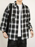 Men'S Casual Plaid Long Sleeve Shirt, Lapel Button-Up Shirt, Double Pocket Design, Classic Checkered Pattern, Twill Fabric, Comfortable And Breathable, Suitable for Spring And Autumn, Casual Outing, Men'S Dress Shirt, Men'S Shirt, Casual Business - Black And White Plaid