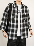Men'S Casual Plaid Long Sleeve Shirt, Lapel Button-Up Shirt, Double Pocket Design, Classic Checkered Pattern, Twill Fabric, Comfortable And Breathable, Suitable for Spring And Autumn, Casual Outing, Men'S Dress Shirt, Men'S Shirt, Casual Business - Black And White Plaid