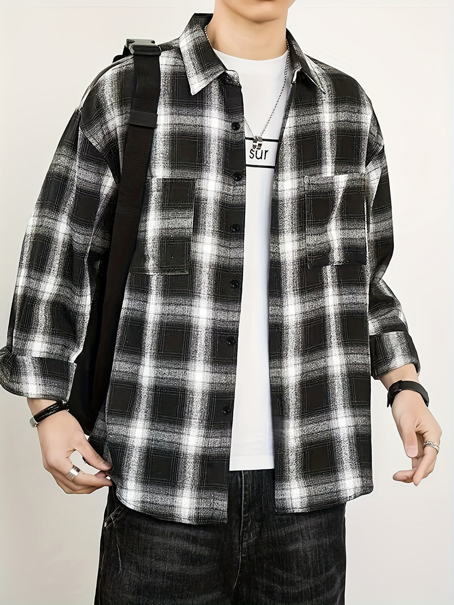Men'S Casual Plaid Long Sleeve Shirt, Lapel Button-Up Shirt, Double Pocket Design, Classic Checkered Pattern, Twill Fabric, Comfortable And Breathable, Suitable for Spring And Autumn, Casual Outing, Men'S Dress Shirt, Men'S Shirt, Casual Business - Black And White Plaid