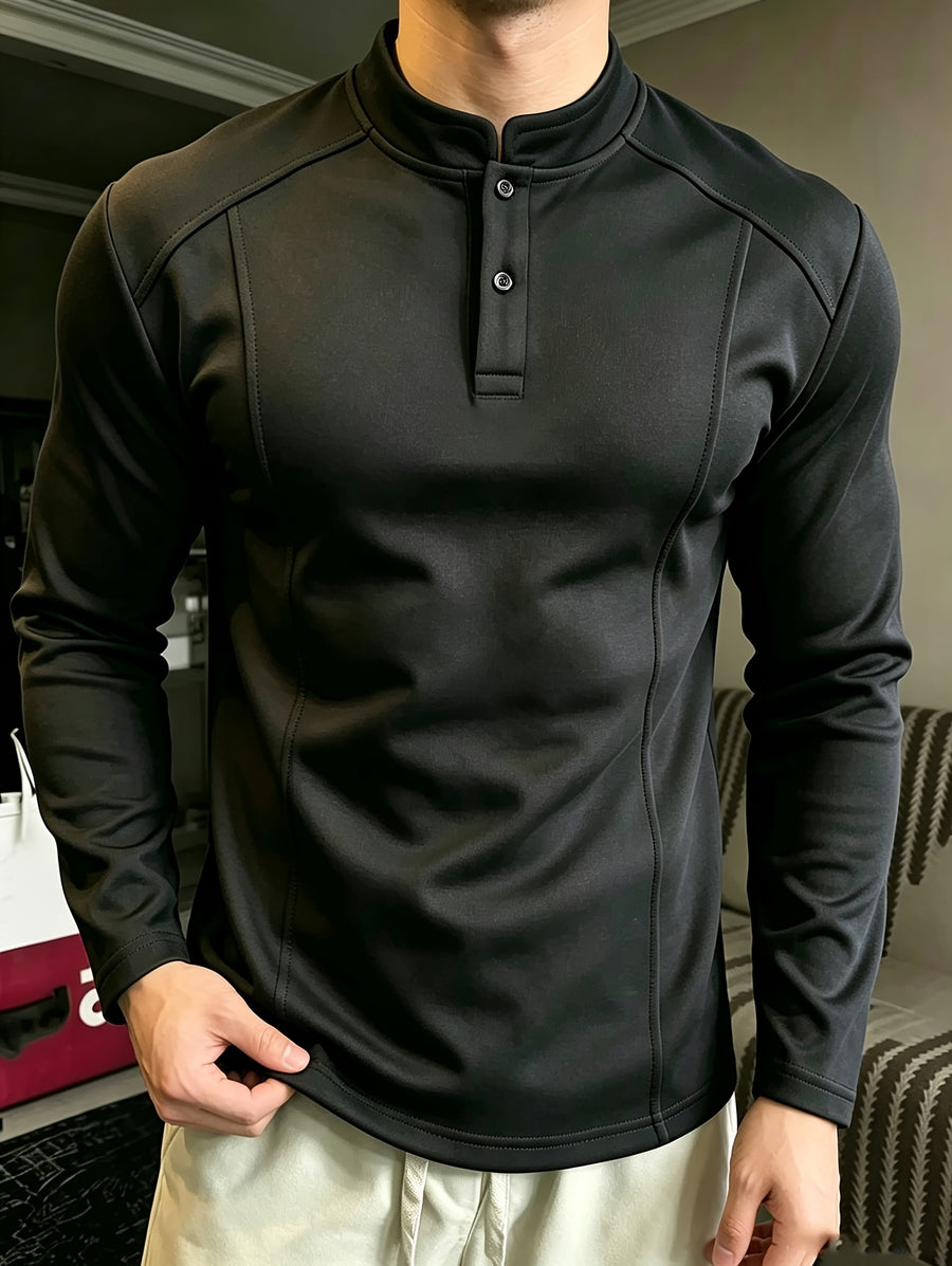Men's Polo Shirt, Spring/Autumn Regular Shoulder Construction Patchwork Long Sleeve T-Shirt, Men's Three-Dimensional Sweatshirt, In-Stock Slim Fit Base Layer Shirt - Black