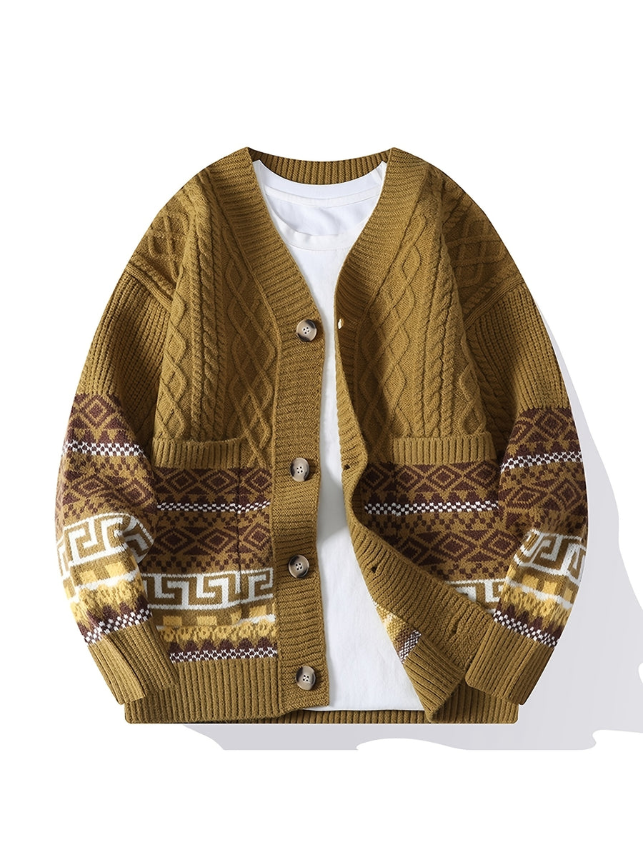 2026 Spring New Arrival Men's Knitted Cardigan, Patterned Outerwear Top - ginger-colored