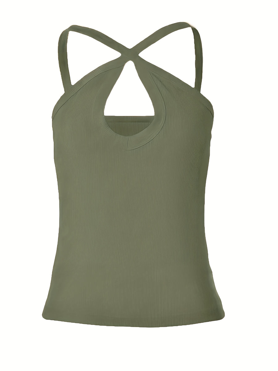 Women's Summer Solid Color Ribbed Fashion Sexy Heart Cut-Out Camisole - Olive Green