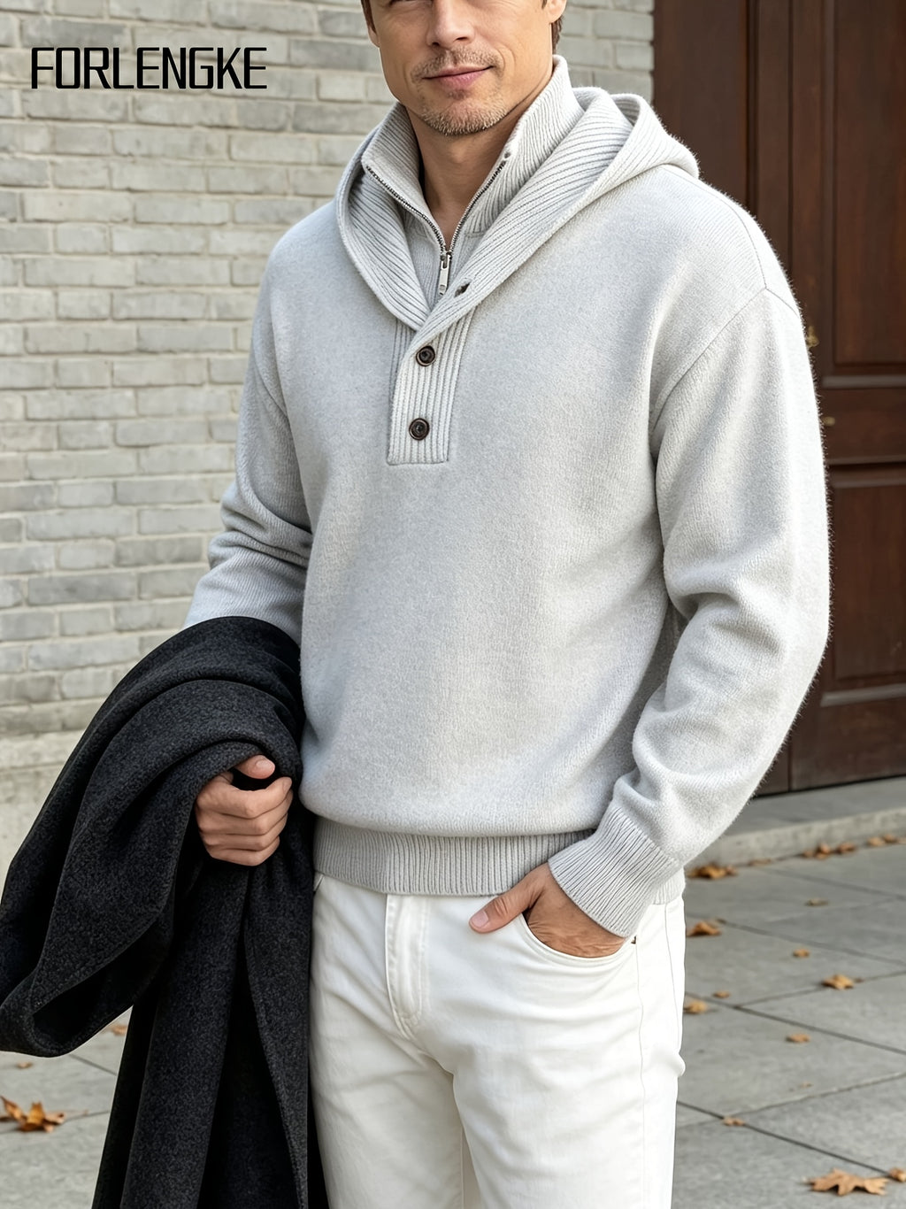 FORLENGKE Men'S Intercity Lightweight Travel Wind Hooded Double Placket Knit Top, Zipper Button-Up Dual Adjustable Style Flexible, Autumn Winter Short Distance Travel Self-Driving Roaming Golf Sports Outdoor Camping Casual Outerwear Top - White Flower Gray