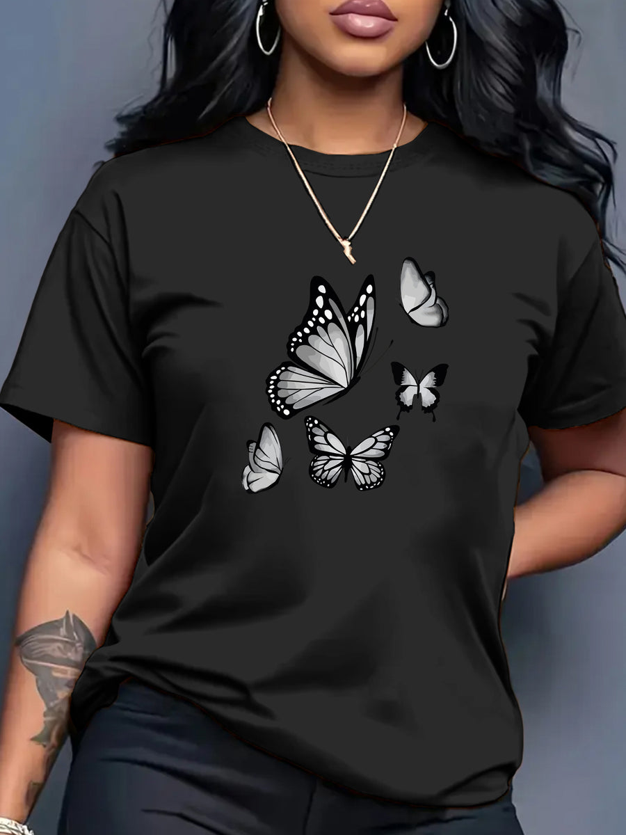 Spring And Summer Trendy Butterfly Print Women'S Casual Fashion Round Neck Short Sleeve T-Shirt, a Stylish Top for - Black