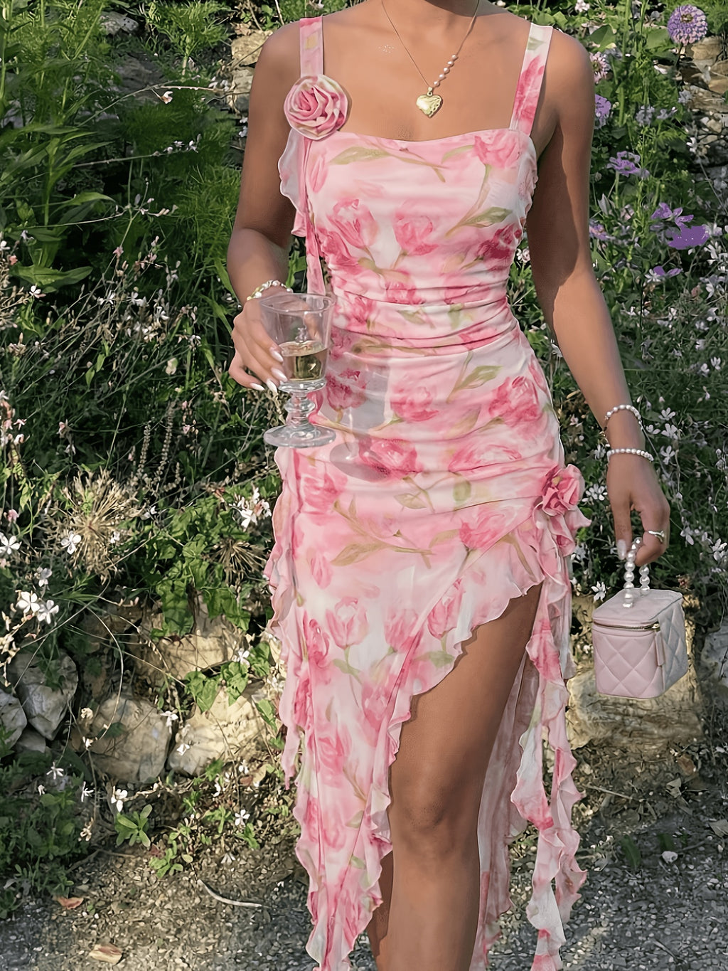 Women's Floral Print Dress, 2026 New French-Style Romantic Waist-Cinching Midi Dress, Suitable for Dates, Vacations, and Beachwear - Pink