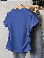 Summer: Regular Shoulder Slim-Fit Irregular T-Shirt with Ruched Curved Waistline for a Effect - Blue