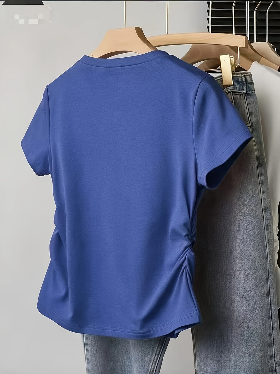Summer: Regular Shoulder Slim-Fit Irregular T-Shirt with Ruched Curved Waistline for a Effect - Blue