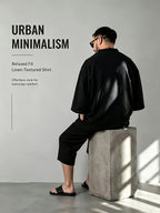 2pcs/Men'S Casual Shirts, New Linen V-Neck Casual Pullover Shirts for Daily Casual Wear, Solid Color 3/4 Sleeve Design, Suitable for Spring, Summer, And Autumn, Quick-Dry Non-Stretch Fabric, Loose Fit, Perfect Gift! - Black