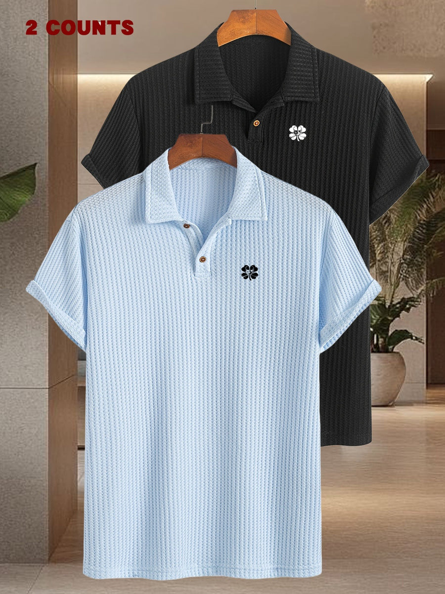 2pcs Set Summer Men'S Textured Jacquard Short Sleeve POLO Shirts | Comfortable Casual Soft Knit Lapel Collar, Regular Fit, Medium Stretch Fabric - Sky Blue + Black