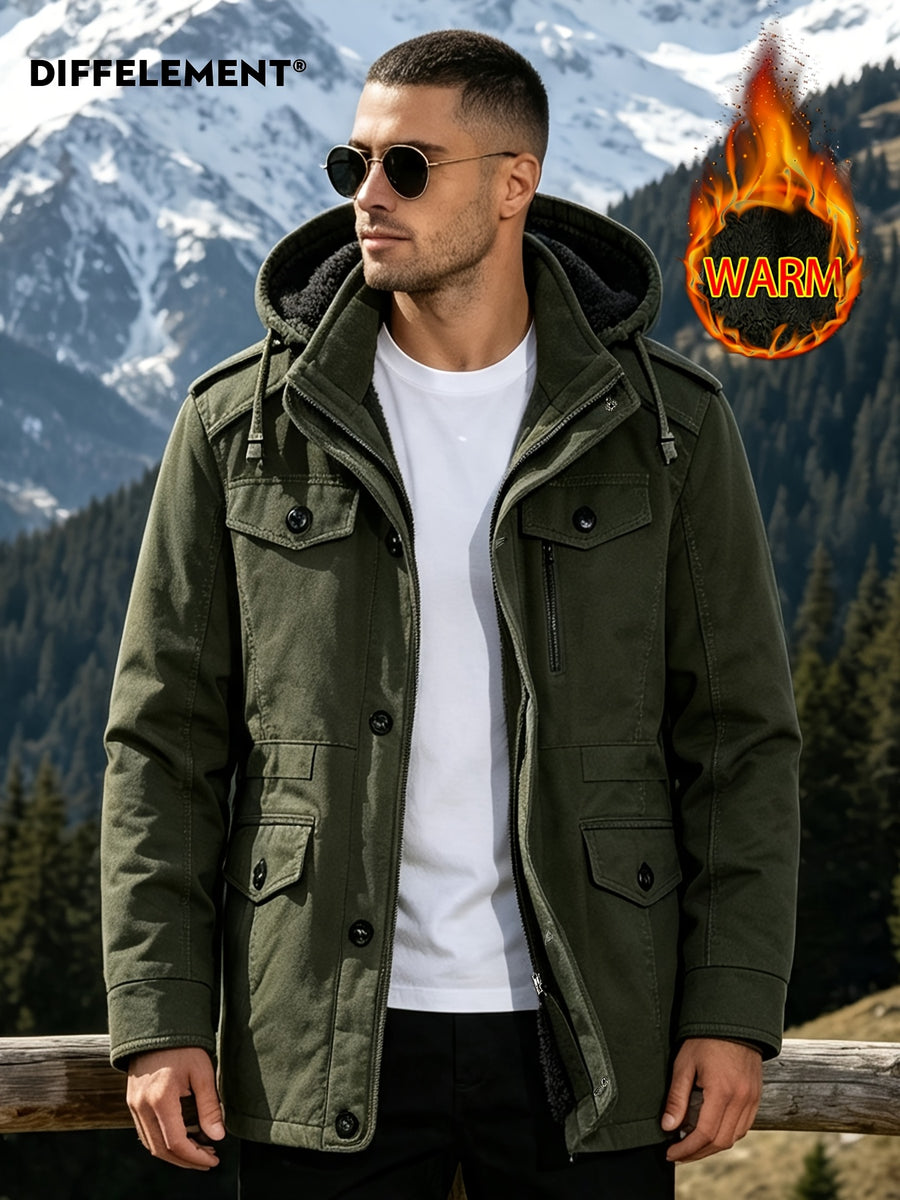 DIFFELEMENT Outdoor Hardcore Men's Workwear Style Mid-Length Hooded Parka Coat, Windproof Hood with Fleece-Lined Thickened Lamb's Interior, Double-Breasted Placket with Buttons, Multiple Pockets, Cold-Resistant, Wear-Resistant, Wrinkle-Resistant - fern green