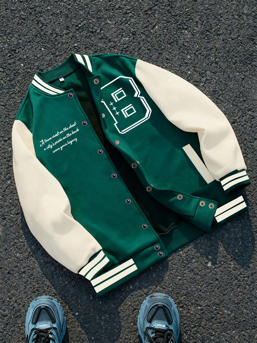 This Black And Gray Patchwork Baseball Jacket Features a Button Closure Design, with Black And White Striped Accents at The Collar And Cuffs. It Showcases Prominent Letter Prints And English Text Elements on The Chest - Green & White