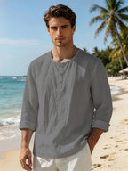Summer Men'S Linen Henley Collar Long Sleeve Shirt, Half-Button Casual Loose Breathable Top, Beach Vacation Commute Leisure All-Match Men'S Shirt - Grey