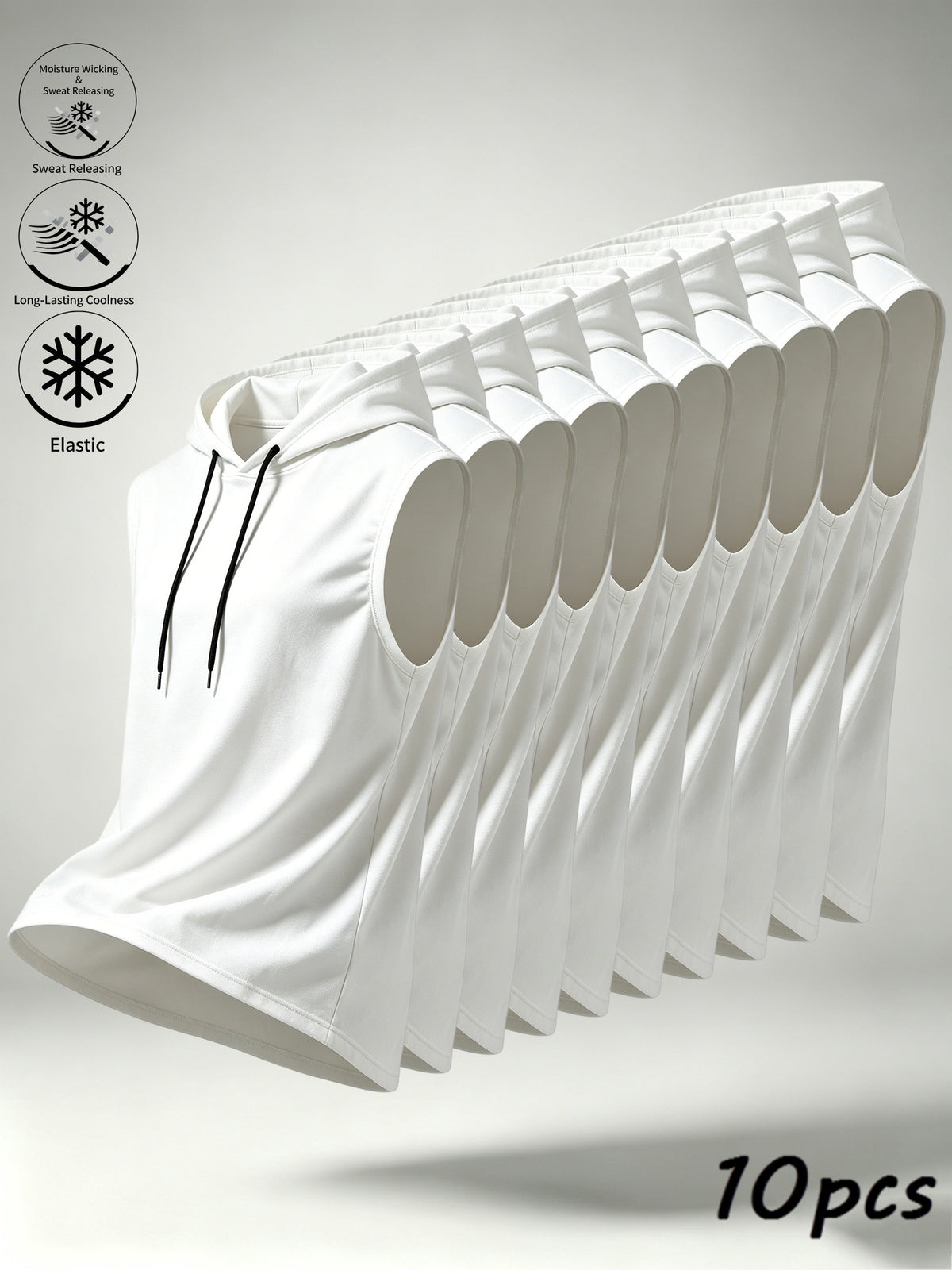 10pcs Set Solid Color Hooded Vest Great Value Comfortable Soft Breathable Sweat-Wicking Casual Sports Active Wear Everyday Versatile Fashion No Limit - White