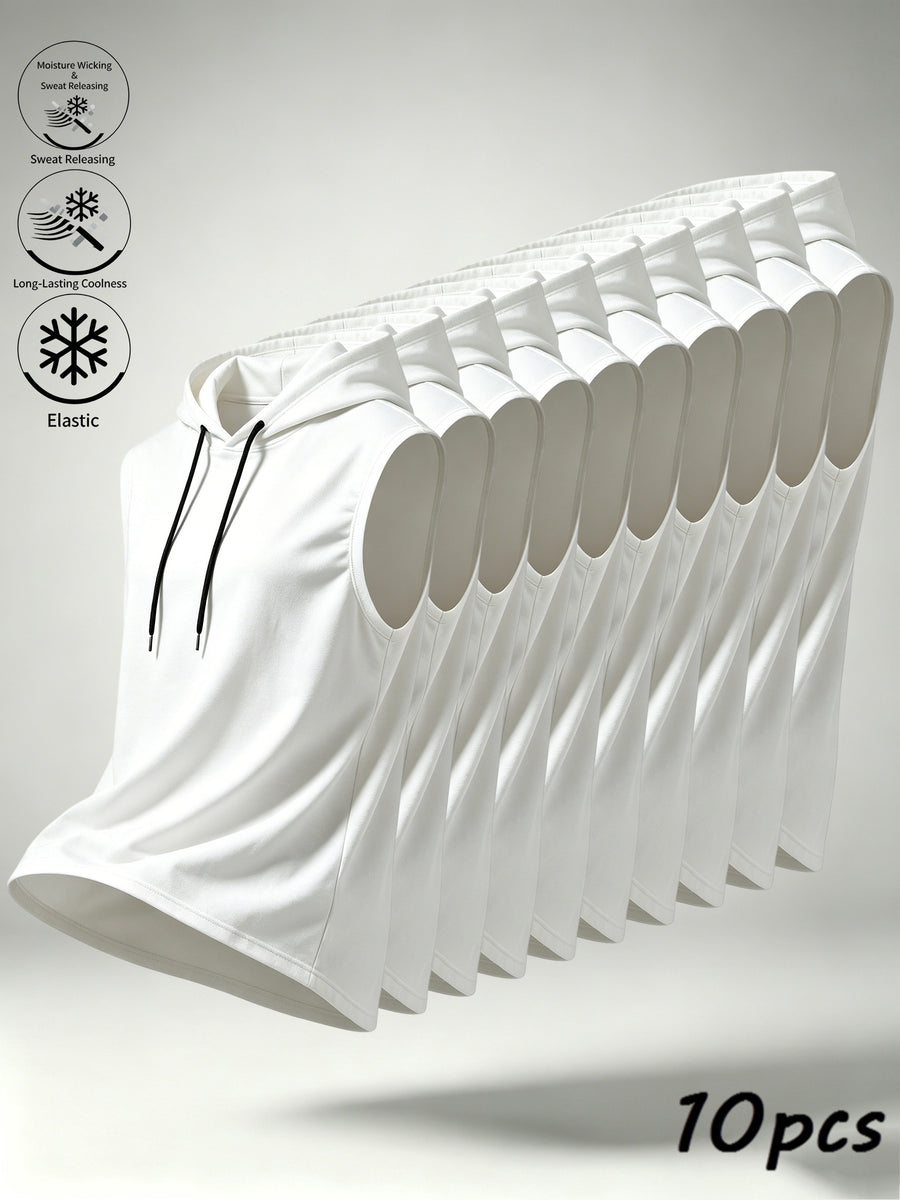 10pcs Set Solid Color Hooded Vest Great Value Comfortable Soft Breathable Sweat-Wicking Casual Sports Active Wear Everyday Versatile Fashion No Limit - White