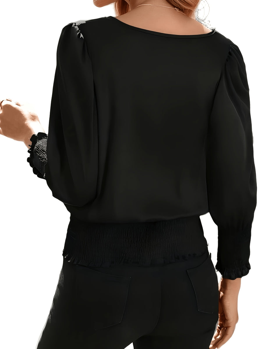 Casual Round Neck Lantern Sleeve Ruffled Women'S Long Sleeve Shirt, Suitable for Spring Summer Fall - Black