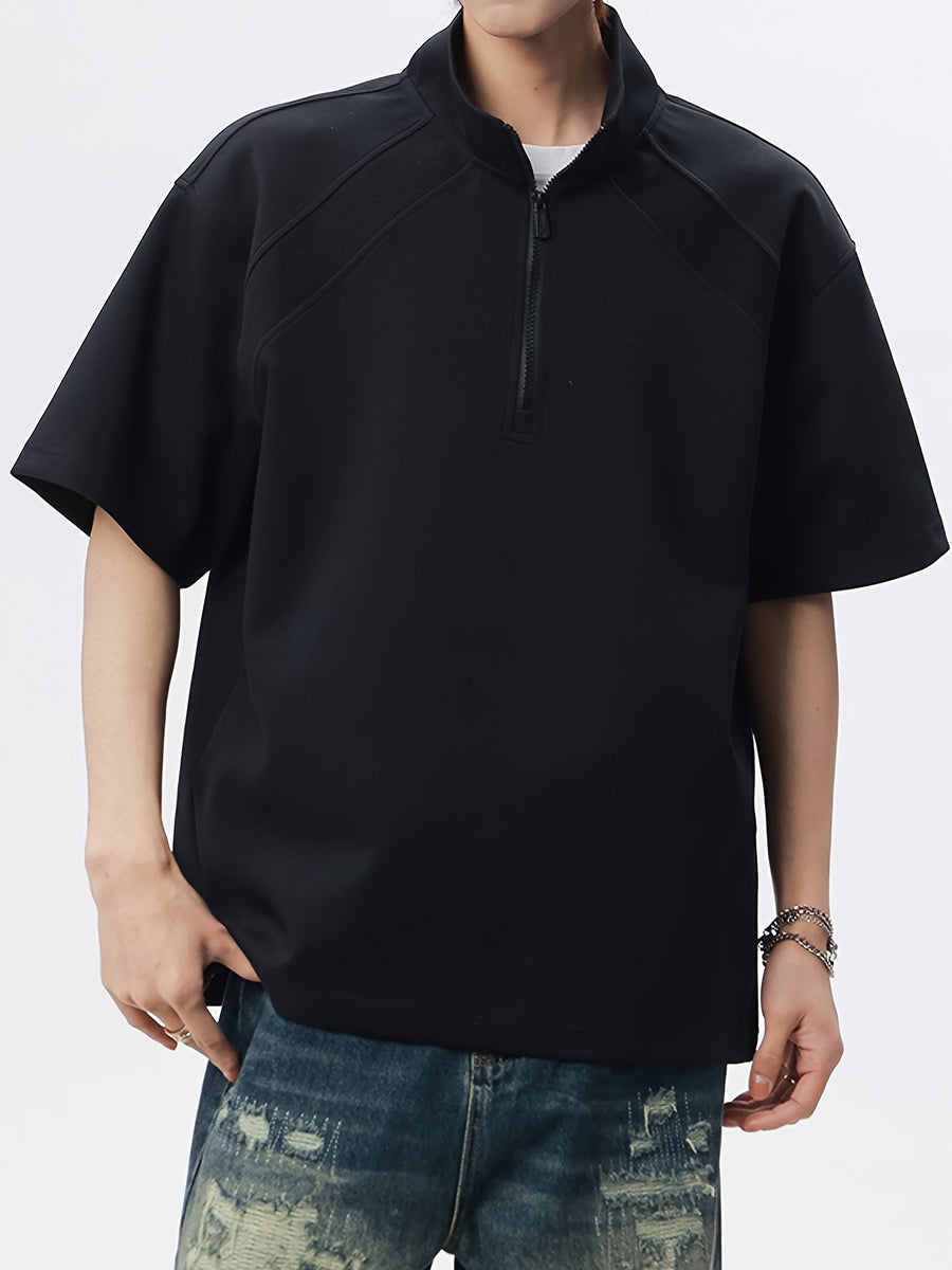 Summer Half-Zip Stand Collar Short Sleeve T-Shirt Men'S Loose Premium Air Layer Shoulder Sleeve Design Versatile Top - Black