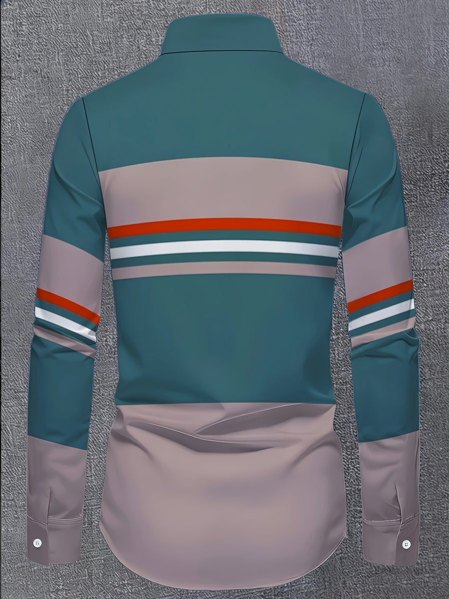 Men'S Color-Block Striped Long Sleeve Shirt, Casual Patchwork Design Fashion Men'S Top - Mixed colors