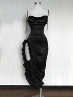 Y2K Asymmetrical Ruffle Dress, Suitable for Vacation Dresses, Easter Beachwear, Hawaiian Music Festival, Tropical Vacation Outfits, Christmas, Thanksgiving, New Year's Eve Party Dress, Niannian - Black