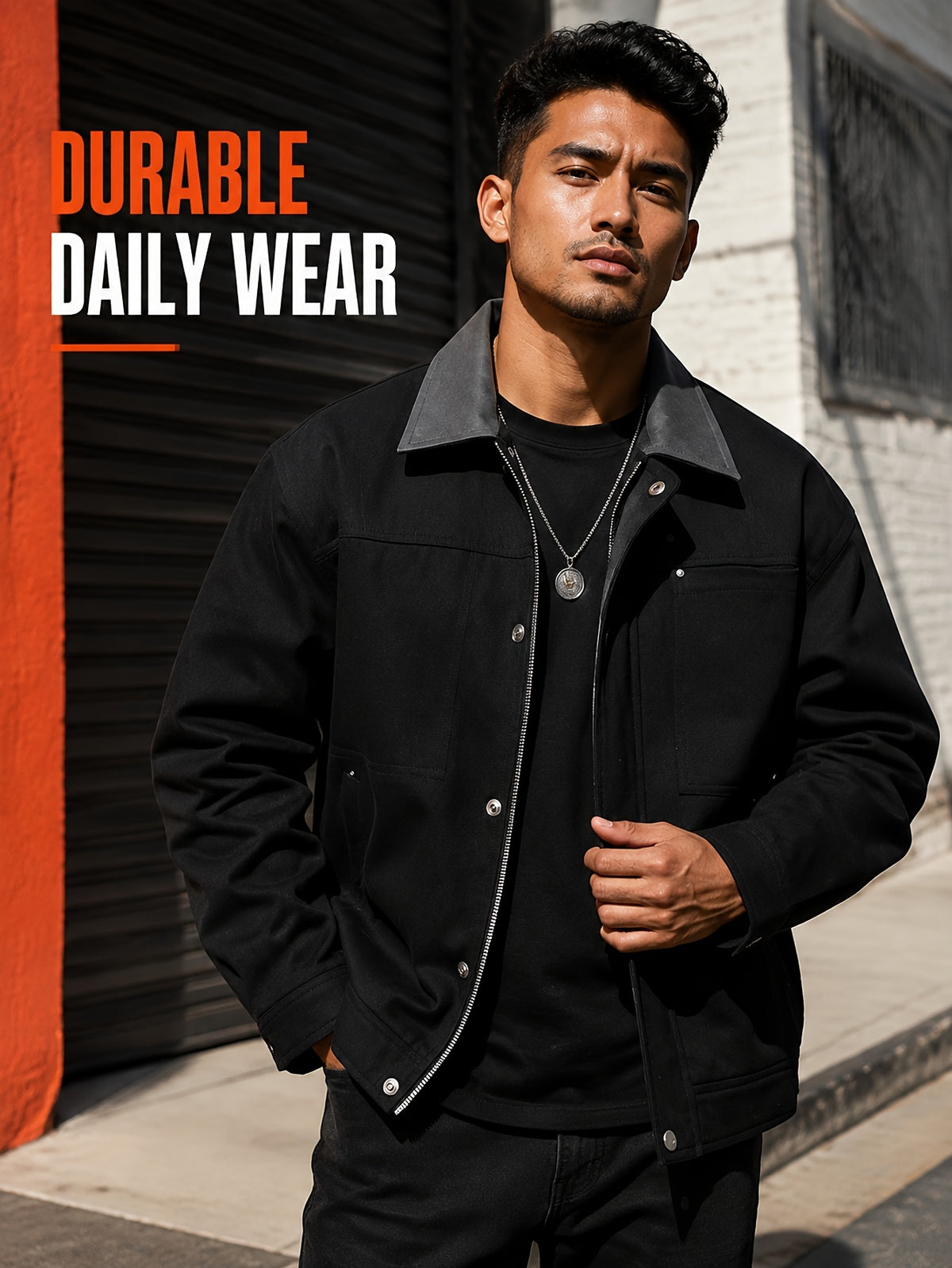 Men'S Color-Block Collar Cargo Jacket, Zipper Button-Front Double Breasted, Multi-Pocket Chest, Drop Shoulder Loose Short Retro Streetwear Coat - Black
