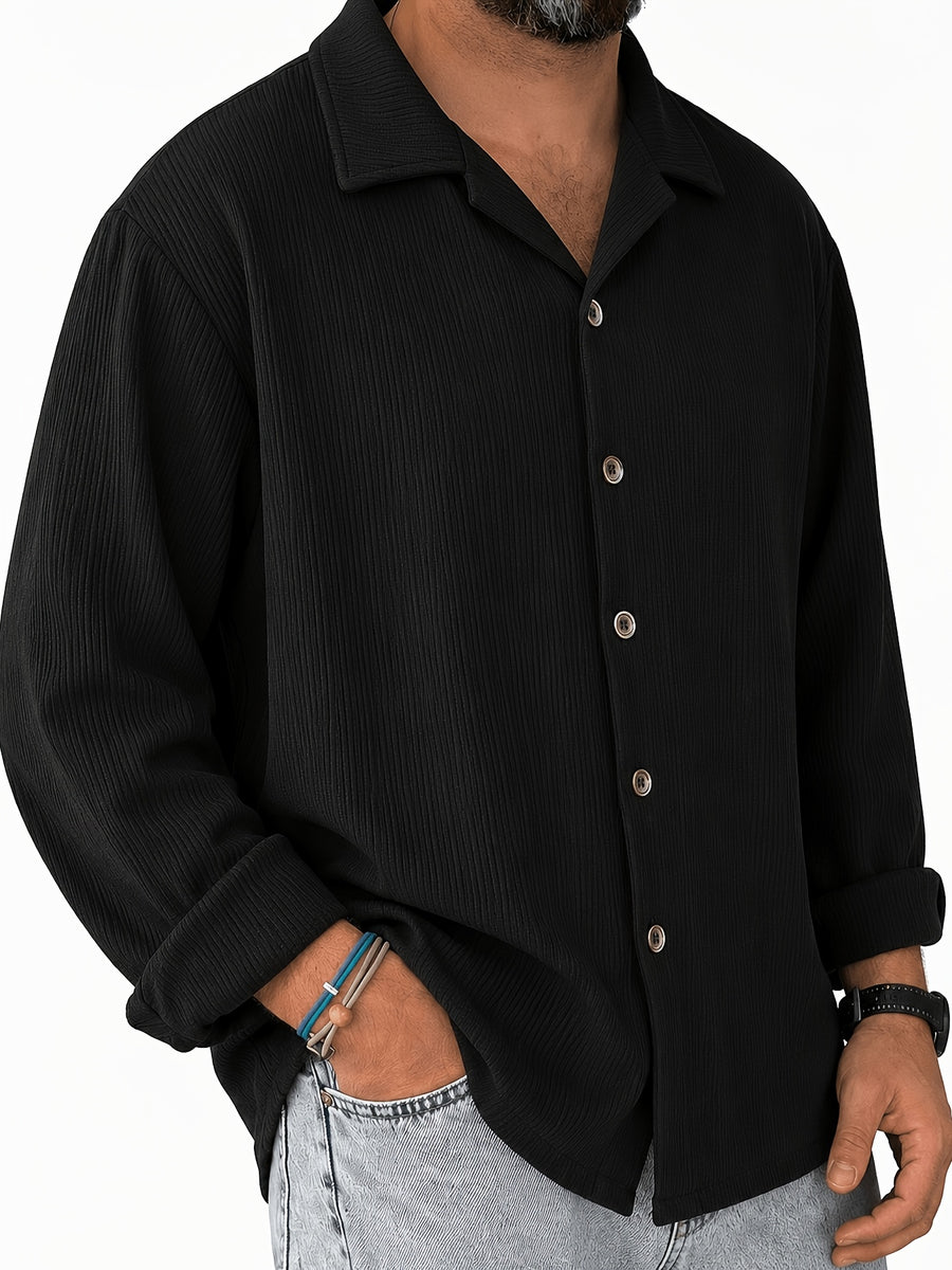 Men's Vintage Lapel Long Sleeve Shirt, Vertical Ribbed Minimalist Solid Knit Top, Versatile Casual Wear - Black