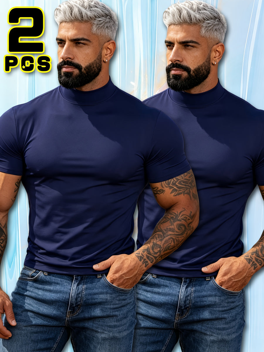 Summer Breathable Solid Color Half-Neck Short Sleeve 2pcs Set Men'S Shaping Slimming High-Elastic Fabric Light Luxury Fashion Fitness Sports Daily Wear Easy Premium Feel Versatile Base Top - Navy Color