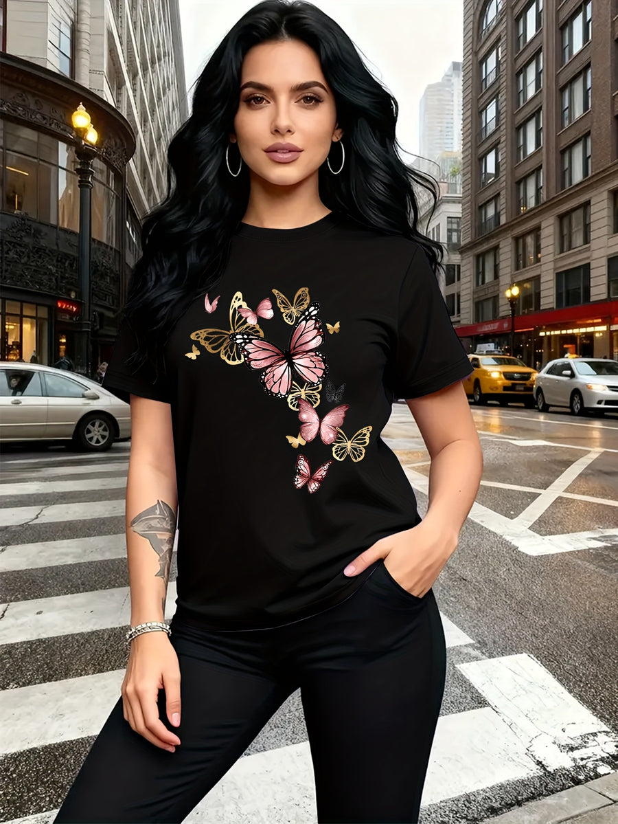 Watercolor Style Butterfly Pattern Print, Fashion Breathable T-Shirt, Family Travel, Campus, Casual, Daily Commute, Sisters' Matching Outfit, Versatile T-Shirt - Black