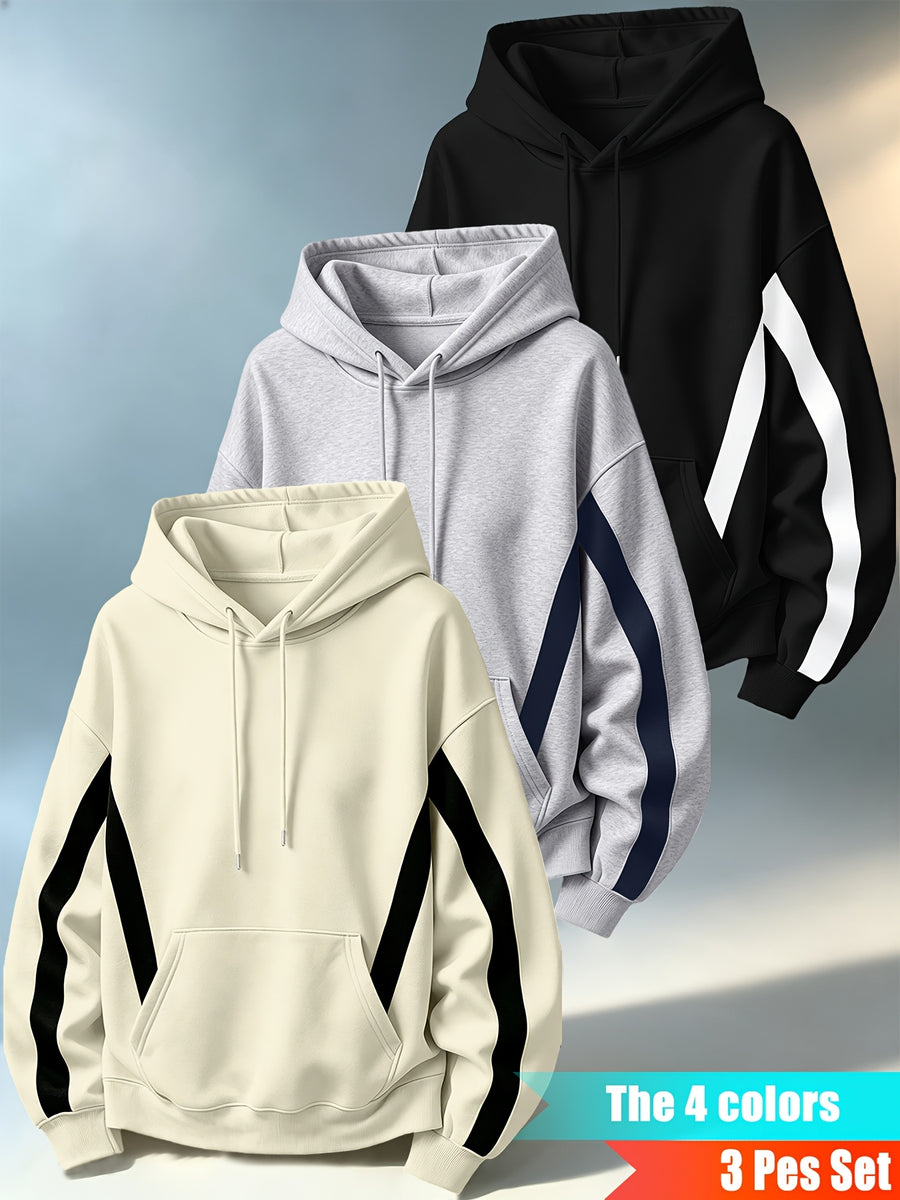 Men'S Three-Piece Casual Hooded Sweater Set, Featuring Contrast-Colored Spliced Sleeves with Drawstrings, Loose-Fitting Pullover Shirt, Long-Sleeved Sports Top for Daily Wear - Black+grey+apricot