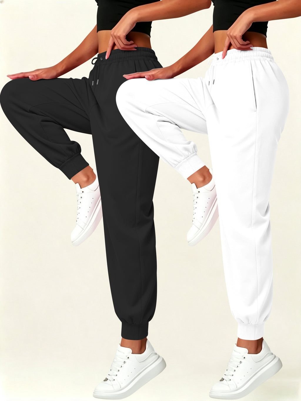 2pcs Set Autumn-Winter Women's Casual Pants with Pockets - Black+White