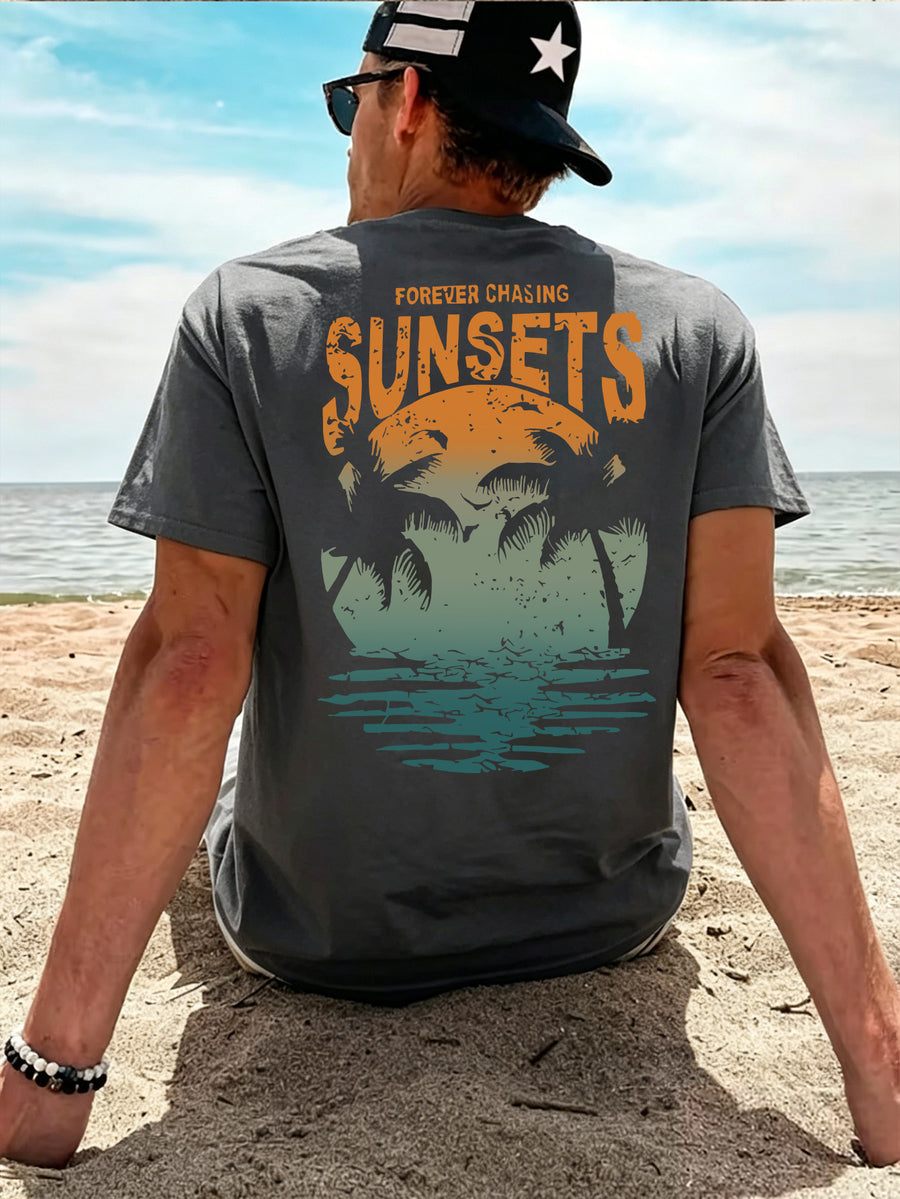Men'S 100% T-Shirt, Orange-Green Gradient Vintage SUNSETS Coconut Tree Reflection Front And Back Print Design, Casual Trendy Streetwear Sports Short-Sleeve T-Shirt Summer New Arrival, Round Neck Short-Sleeve Summer Top, Casual Street Style - Dark Gray