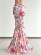 Women'S Fashion Vacation Style Niche Plant Floral Print Mesh Half Skirt Versatile Flowy Long Dress - Mixed colors