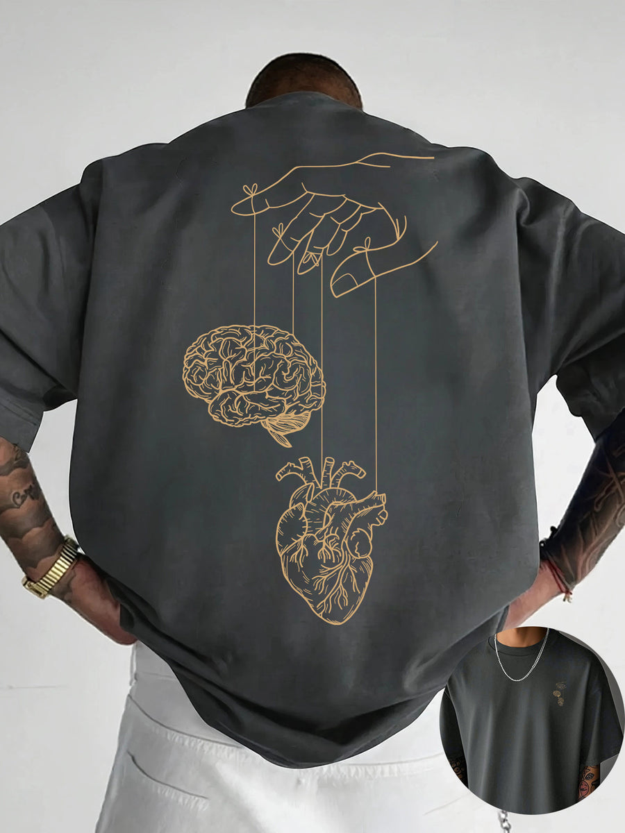 Creative Front and Back Printed Graphic Crew Neck T-shirt, Pure Cotton Summer Trendy Fashion Short Sleeve, Casual Daily Style Top, Essential for Outings and Leisure, an Excellent Gift Choice - Grey