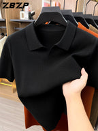 ZBZP Autumn Winter Knit 3D Solid Color Lapel Sweater, Basic Knit Pullover Top for Men, Fashion Short Sleeve Sweater ZRY - Black