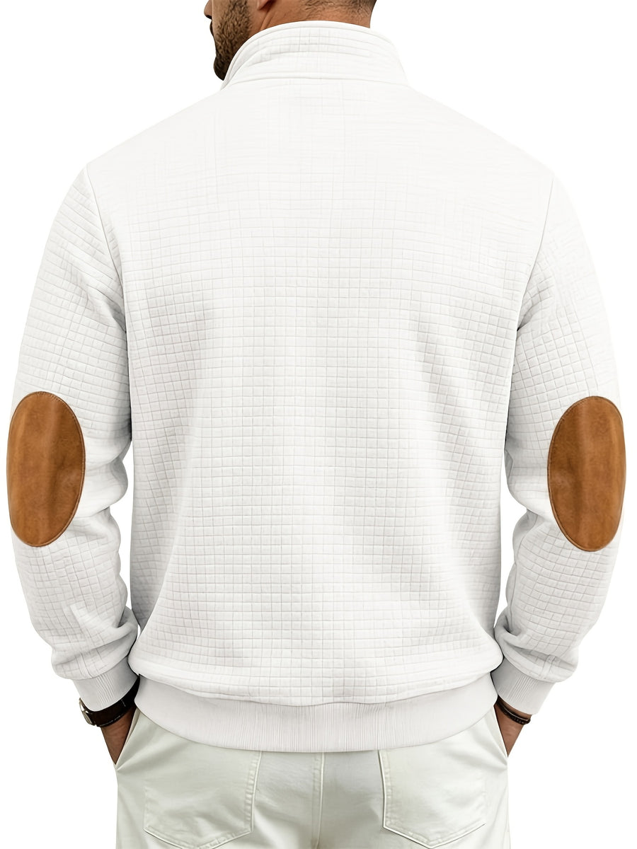 Men's Waffle Knit Casual Loose-Fit Long Sleeve Color-Block Stand Collar Half-Zip Autumn/Winter Sweatshirt - White