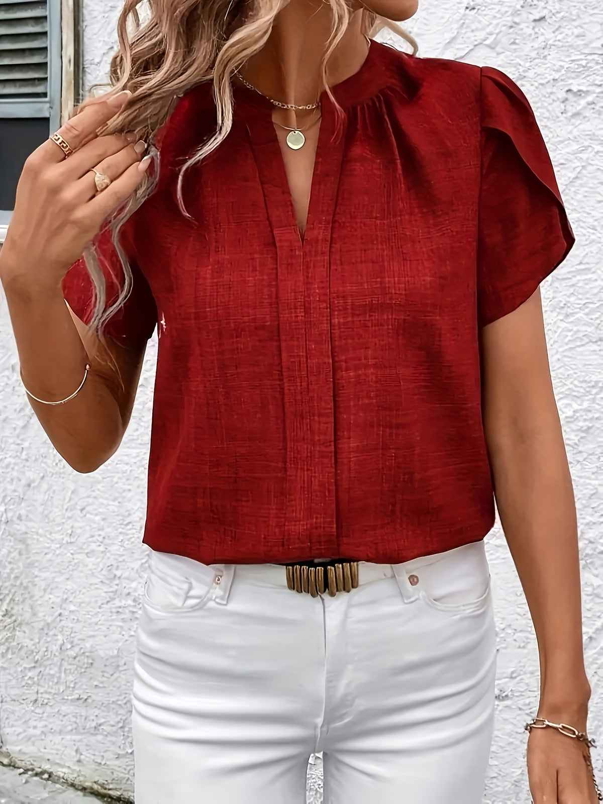 Elegant Petal Sleeve Notched V-Neck Shirt | Solid Color, Suitable for Spring/Summer/Fall - Red