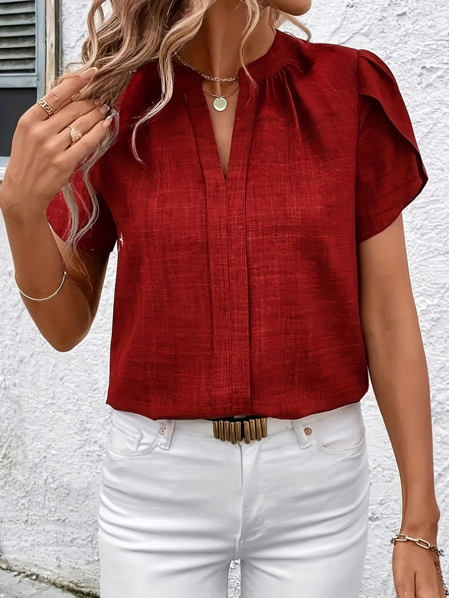 Elegant Petal Sleeve Notched V-Neck Shirt | Solid Color, Suitable for Spring/Summer/Fall - Red