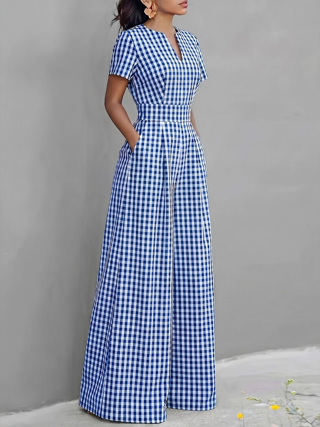 2026 Spring Summer New Plaid V-Neck Short Sleeve Jumpsuit Women'S High-Waist Wide-Leg Straight Long Pants, Women'S Commute Casual Two-Wear Jumpsuit, High-Waist Waist-Cinching Design with Flowing Wide-Leg Trousers - Blue