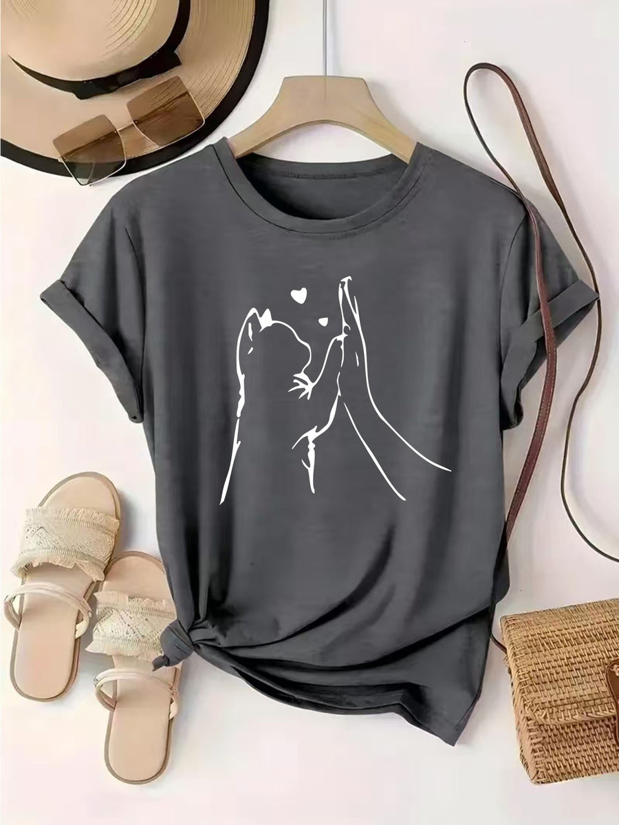 Women'S Fashion Pattern Printed T-Shirt, Round Neck Top, Casual Short Sleeve Top, Comfortable And Soft Knitwear - Dark Gray