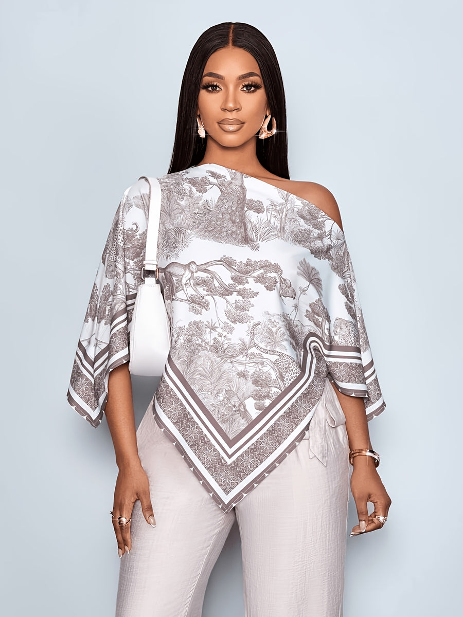 Women'S Summer Elegant Off-Shoulder Top Bohemian Asymmetrical Shirt Summer Vacation Wear - Coffee Color
