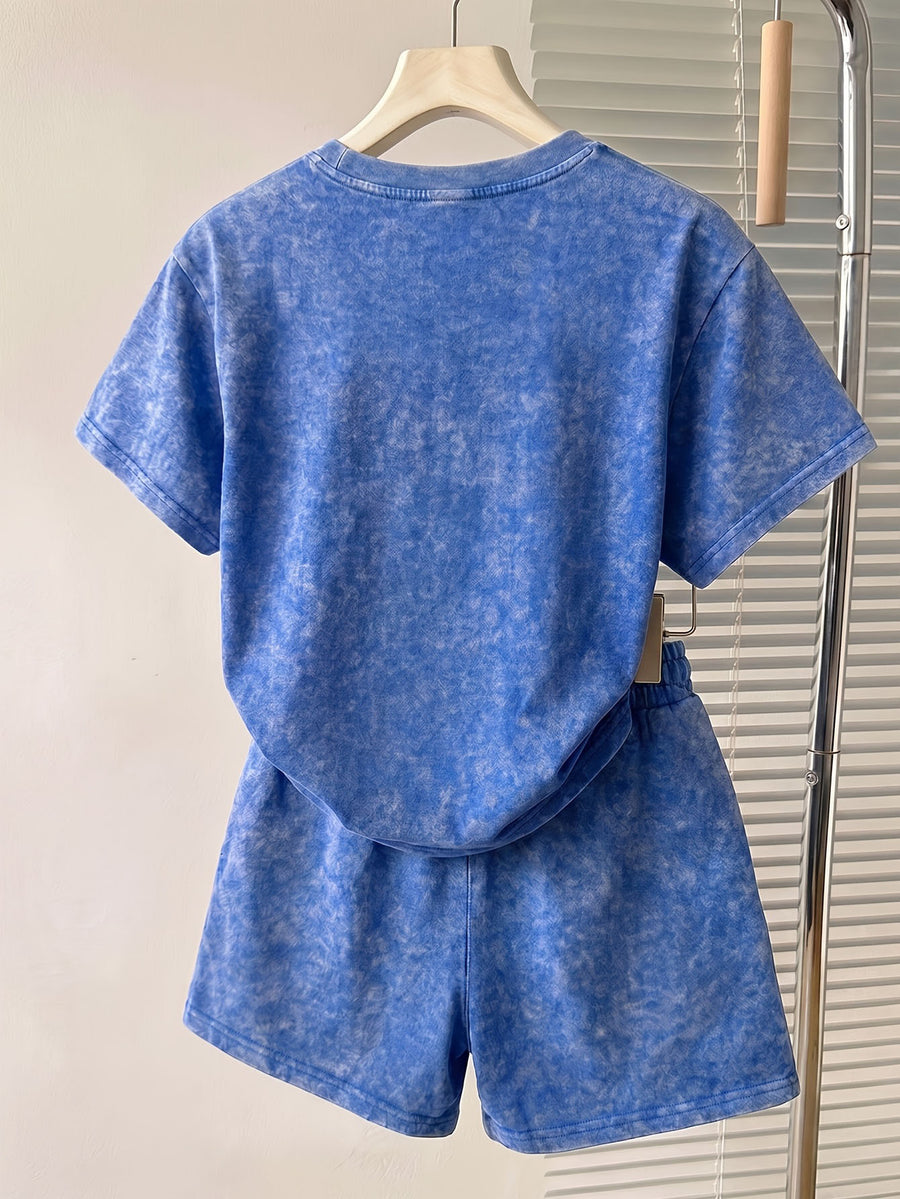 Summer Autumn Fashion Distressed Washed Short Sleeve Shorts with Drawstring Casual Women'S Set, Comfortable for Hot Weather, Classic Silhouette, Relaxed Fit, Casual Home And Outing Two-Piece Set - Royal Blue