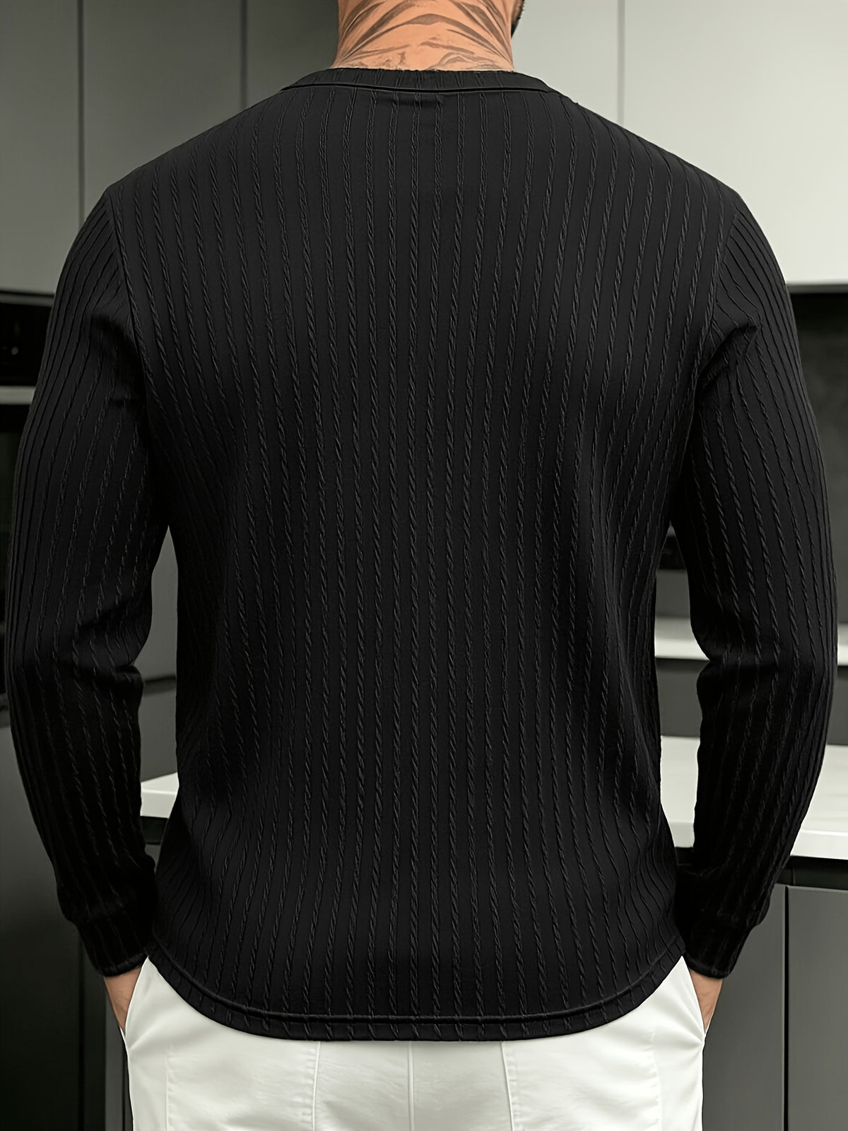Halloween Thanksgiving Black Friday Cyber Monday Christmas Ultra V 2pcs Men'S Vertical Texture Henley Long Sleeve T-Shirts, High-Elastic Jacquard Fabric Slimming And Slimming, Semi-Open Button Collar Easy And Atmospheric - Black And White