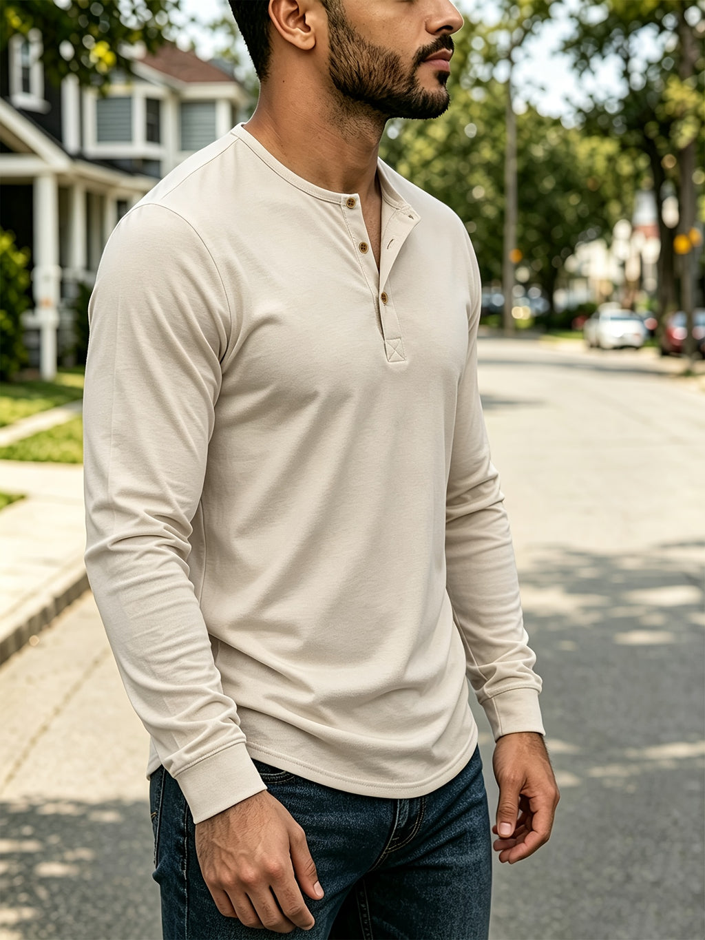 4pcs Set of Men's Spring, Autumn, and Winter Henley Neck Long-Sleeve T-Shirts, Breathable Vintage Casual Solid Color Half-Open Collar Tops, Comfortable and Versatile Base T-Shirts, Suitable for Daily Commuting, Light Business, Home, Sports - Green + Khaki + Blue + Dark Gray