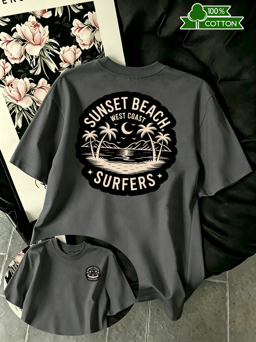 New Summer Style Men's Casual Sportswear Short-Sleeve Cotton T-Shirt with Coconut Tree and Crescent Moon Print, Moisture-Wicking and Comfortable for Fitness, Leisure, and Outdoor Activities - Grey