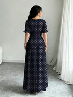 Women'S Printed Round Neck Casual Waist Dress - Navy blue color