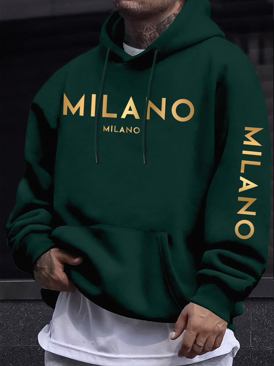 Fashion Casual Style Easy Gradient Letter Pattern Men'S Hoodie, Men'S Long Sleeve Hooded Sweatshirt - Dark Green