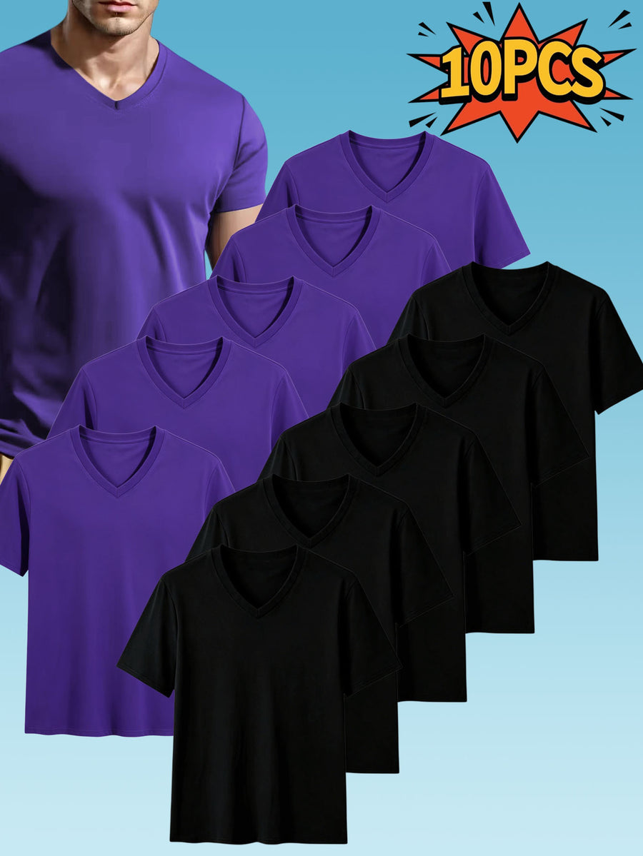 10pcs Men's Casual Knit Ribbed V-Neck T-Shirt / Soft and Comfortable Fabric / Short Sleeve / Solid Color / Crew Neck / Back-to-School Season, Casual Sporty Design Multi-pc Tops, Suitable for Summer Daily Wear - 5 pieces of black + 5 pieces of purple